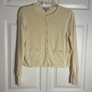 J Crew Sweater Women Large Yellow Cardigan Crewneck‎ Button Front Pockets Cotton